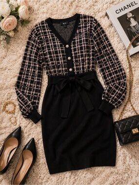 BCX Plaid Sweater Dress NWT Medium V-Neck Tie Waist Long Sleeve Knit Mini